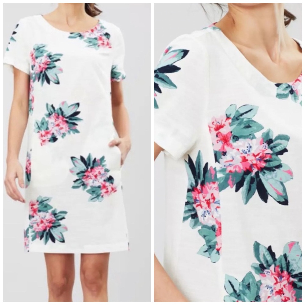 Joules Fifi Cotton Linen Blend Short Sleeve Floral Shift Dress with Pockets